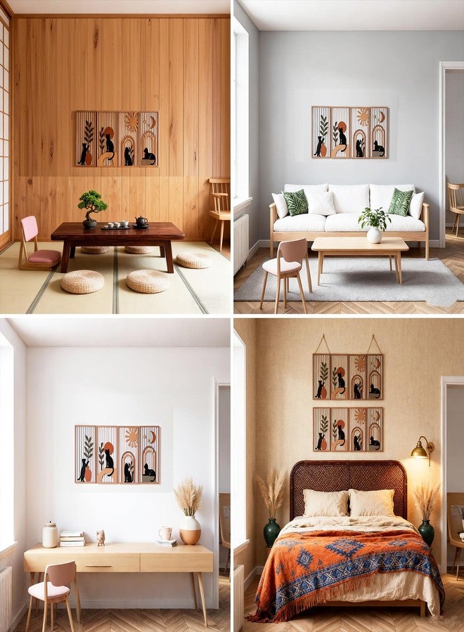 SHENGTIAN 4 Piece Unique Wall Art Set, Aesthetic Cat Art - Geometric Boho Wood Art, Black/Funny Cat Prints, Mid Century Modern Style, for Farmhouse/Office/Bedroom/Living Room, Narrow Vertical Design - Image 4